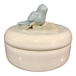 Trinket Jewelry Box Ivory Porcelain Round Bluebird Lid 3.7 x 1.6 In Glossy